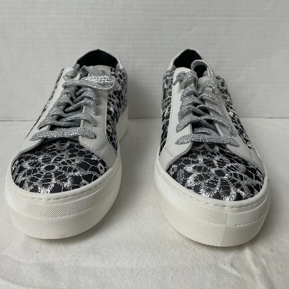 P448 Thea White/Black/Silver Embroidered Flower Low Top Sneakers - Picture 4 of 9